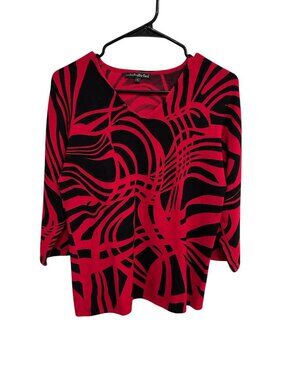 Pierri New York V Neck 3/4 Sleeve Top Red Black Sz Large Abstract Print Knit